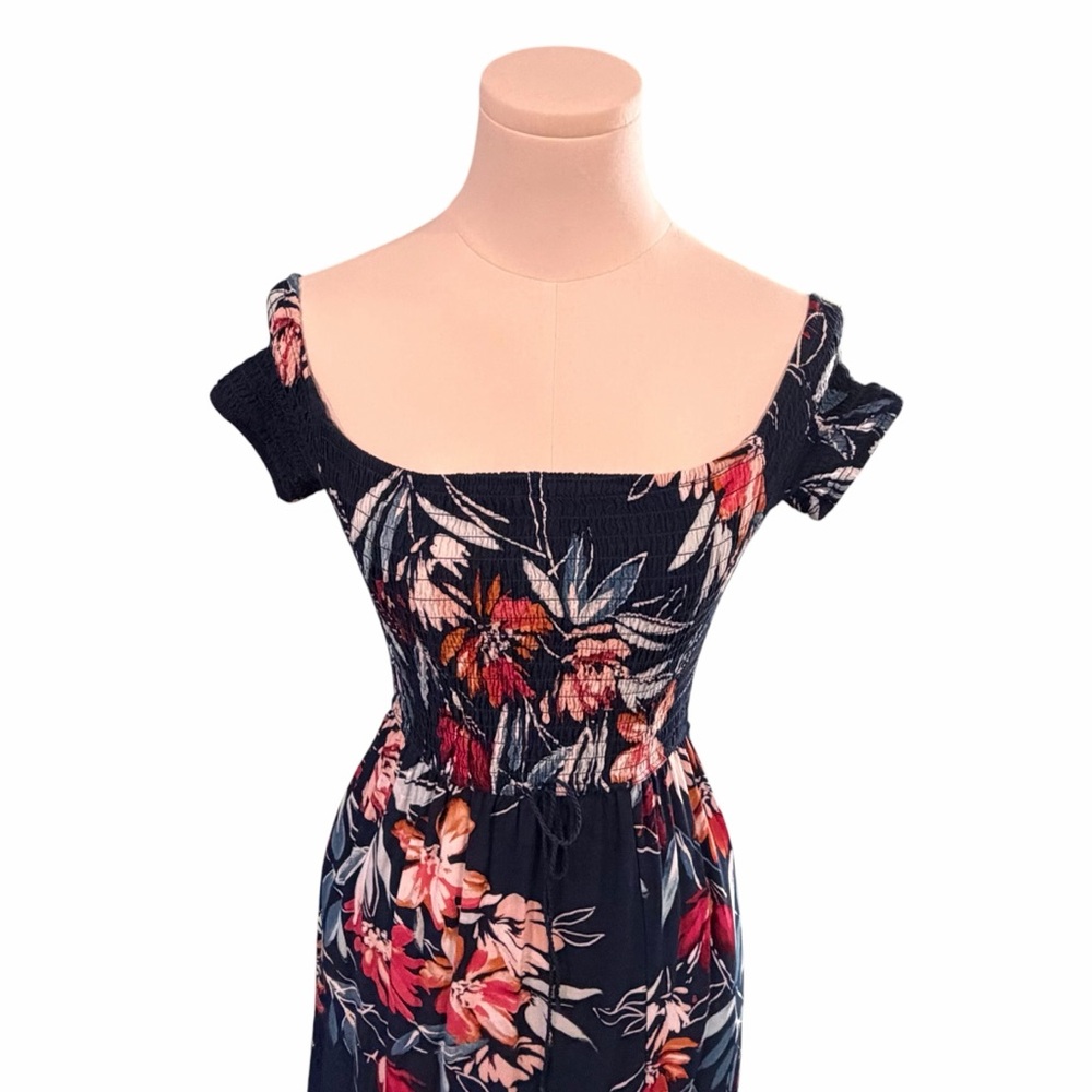 Band of Gypsies Boho Floral Off The Shoulder Smocked Maxi Dress Navy XS Summer - Picture 3 of 14